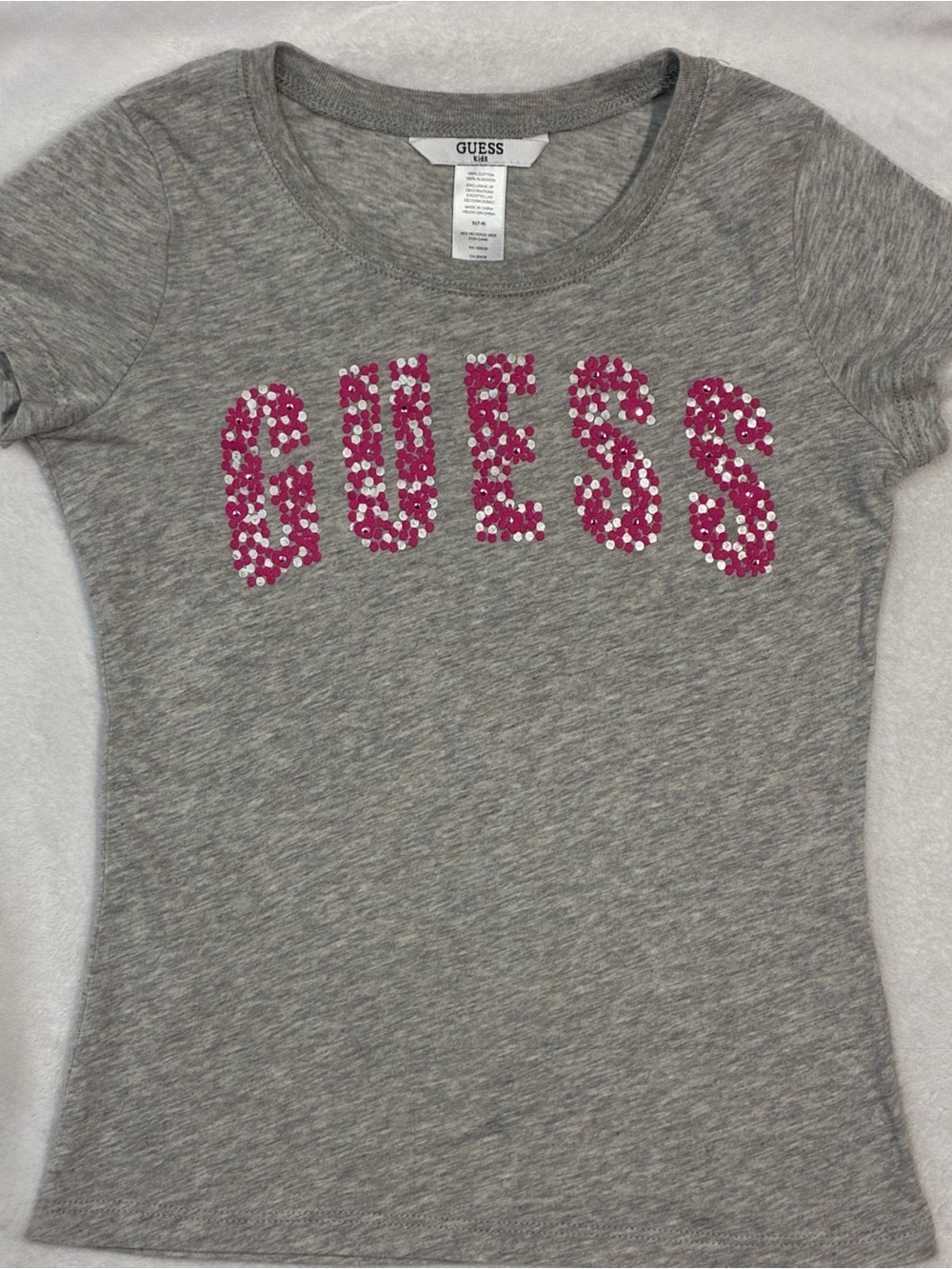 GUESS Gray Short Sleeve Tee with Pink and rhinestone Logo